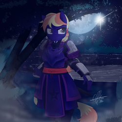 Size: 2000x2000 | Tagged: safe, artist:zcomic, oc, oc only, oc:samurai knight, oc:samurai-knight, oc:samuraiknight, earth pony, anthro, armor, forest, high res, lake, moon, niclove, night, solo, stars, sword, tree, weapon