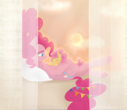 Size: 4000x3470 | Tagged: safe, artist:nyota71, li'l cheese, pinkie pie, earth pony, pony, g4, the last problem, cloud, colt, dawn, female, male, mama pinkie, mother and son, older, older pinkie pie, signature, sun