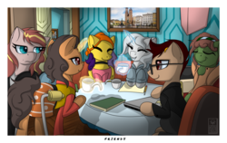 Size: 3000x1900 | Tagged: safe, artist:elmutanto, oc, oc only, earth pony, pegasus, pony, unicorn, cafe, female, group shot, male, mare, paraplegic, paraplegic mare, picture, stallion, wheelchair, writer, writer circle, writers