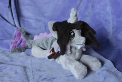 Size: 1280x860 | Tagged: safe, artist:sonic-spatula, half-siren, hybrid, pony, beanie (plushie), commission, curved horn, fangs, fins, fish tail, happy, horn, irl, kellin quinn, male, photo, plushie, ponified, scales, sleeping with sirens, slit pupils, smiling