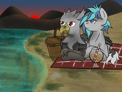 Size: 4000x3000 | Tagged: safe, artist:devorierdeos, oc, oc only, oc:aklid, oc:vinyl dask, griffon, pegasus, pony, basket, cocktail, duo, fanfic, fanfic art, female, high res, hooves, male, mare, picnic basket, wings