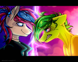 Size: 3508x2786 | Tagged: safe, artist:goddamncat, oc, oc:evergreen feathersong, oc:oculus rift, pony, angry, clothes, confrontation, green, high res, hoodie, jewelry, lightning, necklace, piercing, sassy