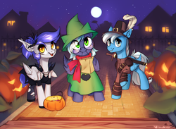Size: 1637x1200 | Tagged: safe, artist:vincher, oc, oc only, oc:bluebreeze, oc:gabriel, oc:moonlight drop, pegasus, pony, vampire, clothes, cosplay, costume, halloween, holiday, pumpkin, ralsei