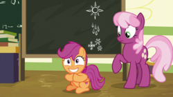 Size: 1920x1080 | Tagged: safe, screencap, cheerilee, scootaloo, earth pony, pegasus, pony, g4, the last crusade, chalkboard, female, filly, foal, mare, raised hoof, sitting, smiling