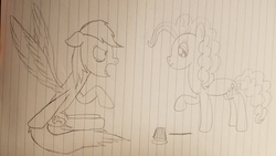 Size: 4032x2268 | Tagged: safe, artist:asiandra dash, pinkie pie, rainbow dash, earth pony, pegasus, pony, fanfic:rocket to insanity, g4, bags under eyes, cupcake, fanfic art, food, lined paper, pencil drawing, platter, spread wings, traditional art, tray, wings