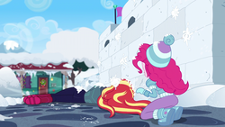 Size: 1920x1080 | Tagged: safe, screencap, pinkie pie, sunset shimmer, equestria girls, equestria girls specials, g4, my little pony equestria girls: better together, my little pony equestria girls: holidays unwrapped, saving pinkie's pie, ass, balloonbutt, bunset shimmer, butt, clothes, female, snow, snowball, snowball fight, spoiler, winter outfit