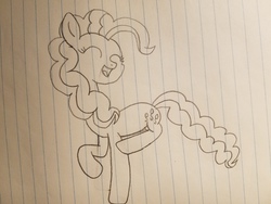 Size: 4032x3024 | Tagged: safe, artist:asiandra dash, pinkie pie, earth pony, pony, g4, female, happy, jumping, lined paper, open mouth, pencil drawing, prancing, raised hoof, solo, traditional art