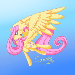 Size: 300x300 | Tagged: safe, artist:sugarponypie, fluttershy, pegasus, pony, g4, cutie mark, eye clipping through hair, female, flying, large wings, mare, open mouth, pixel art, raised hoof, smiling, solo, spread wings, turned head, wings