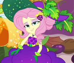 Size: 1268x1080 | Tagged: safe, screencap, fluttershy, rainbow dash, equestria girls, equestria girls series, g4, holidays unwrapped, o come all ye squashful, spoiler:eqg series (season 2), bare shoulders, belt, clothes, cornucopia costumes, costume, cropped, cute, dress, female, food, geode of fauna, gloves, grapes, hairclip, hat, huggable, jewelry, leaf, lidded eyes, lip bite, looking at you, magical geodes, necklace, shyabetes, sleeveless, smiling