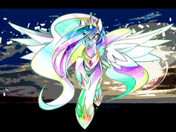 Size: 1600x1201 | Tagged: safe, artist:tyuubatu, princess celestia, alicorn, pony, female, flying, looking at you, mare, solo, spread wings, wings