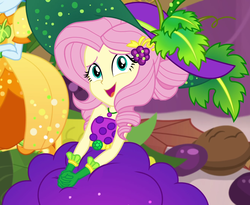Size: 1320x1080 | Tagged: safe, screencap, fluttershy, rainbow dash, equestria girls, equestria girls series, g4, my little pony equestria girls: holidays unwrapped, spoiler:eqg series (season 2), bare shoulders, belt, clothes, cornucopia costumes, costume, cropped, cute, dress, female, food, geode of fauna, gloves, grapes, hairclip, hat, huggable, jewelry, leaf, looking at you, looking up at you, magical geodes, necklace, shyabetes, sitting, sleeveless, smiling