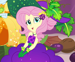 Size: 1320x1080 | Tagged: safe, screencap, fluttershy, rainbow dash, equestria girls, equestria girls series, g4, holidays unwrapped, o come all ye squashful, spoiler:eqg series (season 2), bare shoulders, belt, clothes, cornucopia costumes, costume, cropped, cute, dress, female, food, geode of fauna, gloves, grapes, hairclip, hat, huggable, jewelry, leaf, looking at you, looking up at you, magical geodes, necklace, shyabetes, sitting, sleeveless, smiling