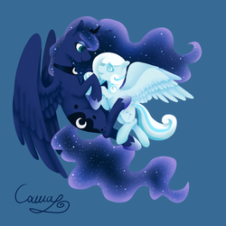 Size: 1600x1600 | Tagged: safe, artist:sugarponypie, princess luna, oc, oc:snowdrop, alicorn, pegasus, pony, g4, blue background, cutie mark, duo, ethereal mane, female, jewelry, lineless, looking at each other, mare, older, older snowdrop, regalia, simple background, smiling, spread wings, starry mane, wings