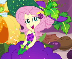 Size: 1325x1080 | Tagged: safe, screencap, fluttershy, rainbow dash, equestria girls, equestria girls specials, g4, my little pony equestria girls: better together, my little pony equestria girls: holidays unwrapped, o come all ye squashful, bare shoulders, belt, clothes, cornucopia costumes, costume, cropped, cute, dress, female, food, geode of fauna, gloves, grapes, hairclip, hat, jewelry, leaf, looking at you, looking up at you, magical geodes, necklace, shyabetes, sitting, sleeveless, smiling