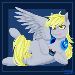 Size: 1200x1200 | Tagged: safe, artist:sugarponypie, derpy hooves, pegasus, pony, g4, abstract background, controller, female, headphones, hoof hold, mare, one wing out, prone, request, solo, tongue out, wings