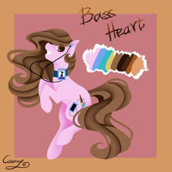 Size: 1600x1600 | Tagged: safe, artist:sugarponypie, oc, oc only, oc:bass heart, earth pony, pony, abstract background, collar, cutie mark, earbuds, eye clipping through hair, female, grin, mare, mp3 player, reference sheet, request, smiling, solo