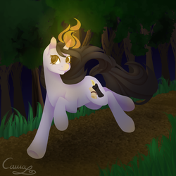 Size: 1600x1600 | Tagged: safe, artist:sugarponypie, oc, oc only, pony, unicorn, commission, cutie mark, female, fire, forest, glowing horn, horn, magic, mare, request, running, smiling, solo