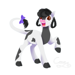 Size: 1200x1200 | Tagged: safe, artist:sugarponypie, oc, oc only, oc:bluebell, cow, cow pony, bow, commission, female, looking at you, monkey swings, open mouth, simple background, solo, tail bow, transparent background