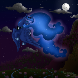 Size: 455x455 | Tagged: safe, artist:sugarponypie, edit, princess luna, alicorn, pony, g4, better source needed, canterlot castle, cropped, curved horn, ethereal mane, female, flying, horn, jewelry, lidded eyes, mare, moon, mountain, night, redraw, regalia, smiling, solo, starry mane, starry night, stars, village