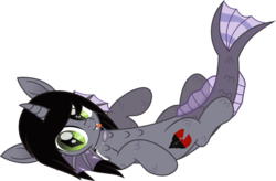 Size: 1142x750 | Tagged: safe, alternate version, artist:lightningbolt, derpibooru exclusive, half-siren, hybrid, pony, g4, .svg available, colored pupils, curved horn, fangs, fins, fish tail, glowing, happy, horn, jewelry, kellin quinn, looking at you, male, movie accurate, necklace, on back, ponified, scales, simple background, sleeping with sirens, slit pupils, smiling, solo, svg, tongue out, transparent background, vector