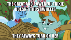 Size: 640x360 | Tagged: safe, edit, edited screencap, screencap, snails, snips, trixie, pony, unicorn, g4, magic duel, alicorn amulet, amulet, apple, apple tree, bucktooth, bullwhip, caption, chariot, colt, don't trust wheels, eyes closed, female, frown, glowing horn, gritted teeth, harness, horn, image macro, jewelry, joke, levitation, looking back, magic, male, mare, meme, pulling, pun, slavery, sweat, tack, telekinesis, text, that pony sure does hate wheels, tired, tree, whip, whipping