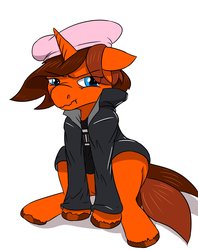 Size: 2419x3057 | Tagged: safe, artist:mcsplosion, oc, oc:painterly flair, pony, unicorn, about to cry, angry, beret, clothes, costume, female, halloween, halloween costume, hat, high res, jacket, leather jacket, nine inch nails, scrunchy face, shirt, solo, t-shirt, teary eyes, trent reznor, unshorn fetlocks