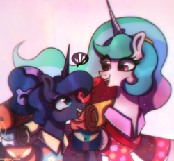 Size: 1412x1312 | Tagged: safe, artist:forgottenrabbit28blr, princess celestia, princess luna, alicorn, pony, between dark and dawn, g4, alternate hairstyle, chromatic aberration, clothes, cute, cutelestia, duo, exclamation point, female, hair bun, hawaiian shirt, looking at each other, lunabetes, mare, open mouth, pictogram, royal sisters, shirt, speech bubble