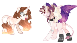 Size: 2254x1270 | Tagged: safe, artist:manella-art, oc, oc:manella, oc:vernia nix amore, pegasus, pony, unicorn, chest fluff, collar, female, flower, flower in hair, hair over one eye, mare, multicolored hair, tail feathers