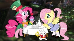 Size: 900x495 | Tagged: safe, artist:drchrissy, artist:seaswirlsyt, angel bunny, fluttershy, pinkie pie, earth pony, pegasus, pony, rabbit, g4, alice in wonderland, animal, base used, bipedal, bipedal leaning, bowtie, clothes, cup, cupcake, deviantart watermark, dress, food, hat, leaning, mad hatter, obtrusive watermark, pocket watch, ponytail, tea party, teacup, teapot, top hat, watermark, white rabbit