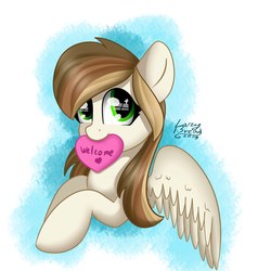Size: 2160x2160 | Tagged: safe, artist:lazybread, oc, oc:astra, pegasus, pony, bust, female, heart, high res, looking at you, mare, mouth hold, note, portrait, solo, spread wings, three quarter view, wings