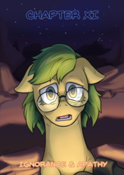 Size: 1241x1754 | Tagged: safe, artist:tyscope, oc, oc only, oc:idol hooves, oc:topaz showers, changeling, pegasus, pony, fanfic:the changeling of the guard, drained, fanfic art, female, floppy ears, glasses, mare, night, open mouth, reflection, short mane, thousand yard stare