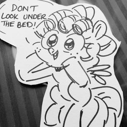 Size: 2048x2048 | Tagged: safe, artist:ohjeetorig, cozy glow, pegasus, pony, g4, black and white, female, filly, grayscale, high res, irl, monochrome, official fan art, paper child, photo, pony ciderfest, sketch, traditional art