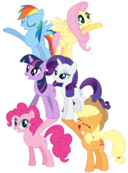 Size: 6000x8062 | Tagged: safe, artist:ready2fail, applejack, fluttershy, pinkie pie, rainbow dash, rarity, twilight sparkle, earth pony, pegasus, pony, unicorn, g4, games ponies play, .ai available, .svg available, absurd resolution, eyes closed, female, greeting, holding a pony, lidded eyes, mane six, mare, open mouth, pony pile, pony pyramid, raised hoof, simple background, smiling, tower of pony, transparent background, unicorn twilight, vector