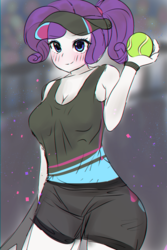 Size: 3176x4760 | Tagged: safe, artist:choyamy, rarity, equestria girls, g4, anime, blushing, breasts, cleavage, clothes, cute, female, high res, raribetes, solo, sports, sports outfit, sports shorts, sun visor, tank top, tennis, tennis ball