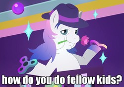 Size: 905x635 | Tagged: safe, edit, edited screencap, screencap, equestria girls, equestria girls specials, g4, my little pony equestria girls: better together, my little pony equestria girls: holidays unwrapped, caption, cropped, fedora, fidget spinner, flower, flower in mouth, hat, how do you do fellow kids, image macro, m'lady, mouth hold, spoiler, text