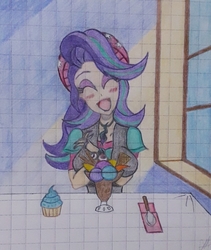 Size: 2621x3104 | Tagged: safe, artist:nintencano, starlight glimmer, human, equestria girls, g4, beanie, blushing, breasts, clothes, date, female, food, graph paper, happy, hat, high res, humanized, ice cream, light skin, lined paper, neapolitan, solo, that human sure does love ice cream, that pony sure does love ice cream, traditional art