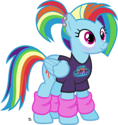 Size: 1354x1442 | Tagged: safe, artist:anime-equestria, rainbow dash, pegasus, pony, g4, 20% cooler, 80s, alternate hairstyle, backwards cutie mark, blushing, bottomless, clothes, cute, dashabetes, ear piercing, female, leg warmers, mare, partial nudity, piercing, ponytail, shirt, simple background, smiling, solo, t-shirt, transparent background, vector, workout outfit