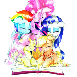 Size: 983x983 | Tagged: safe, artist:liaaqila, applejack, fluttershy, pinkie pie, rainbow dash, rarity, twilight sparkle, alicorn, earth pony, pegasus, pony, unicorn, g4, the last problem, alternate hairstyle, book, clothes, cute, dashabetes, diapinkes, end of ponies, eyes closed, eyeshadow, female, hatless, jackabetes, liaaqila is trying to murder us, makeup, mane six, mare, marker drawing, missing accessory, older, older applejack, older fluttershy, older mane six, older pinkie pie, older rainbow dash, older rarity, older twilight, older twilight sparkle (alicorn), princess twilight 2.0, raribetes, scarf, shyabetes, simple background, sweet dreams fuel, traditional art, transparent background, twiabetes, twilight sparkle (alicorn), weapons-grade cute