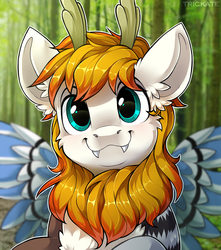 Size: 2300x2600 | Tagged: safe, artist:trickate, oc, oc only, draconequus, bust, cute, fangs, forest, high res, horn, looking at you, owo, portrait, smiling, solo, wings