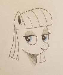 Size: 821x973 | Tagged: safe, artist:polar_storm, maud pie, earth pony, pony, g4, amused, blue eyes, female, happy, mare, monochrome, partial color, simple background, sketch, solo, traditional art, white background