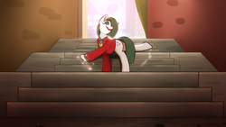 Size: 3954x2224 | Tagged: safe, artist:neighday, marble pie, earth pony, pony, g4, arthur fleck, clothes, cute, dancing, dancing joker, digital art, eyes closed, female, high res, incelpie, joker (2019), joker stairs, makeup, marblebetes, mare, ponified, smiling, solo, stairs, the joker