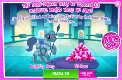 Size: 1034x684 | Tagged: safe, gameloft, idw, pony, unicorn, g4, my little pony: magic princess, official, advertisement, armor, costs real money, gem, idw showified, introduction card, knight, knightly pony, male, spear, stallion, unnamed character, unnamed pony, weapon
