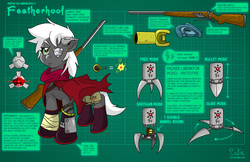 Size: 2550x1650 | Tagged: safe, artist:willdabeard, oc, oc only, oc:featherhoof, cyborg, earth pony, pony, robot, fallout equestria, amputee, boots, clothes, description, diagram, ear piercing, earring, female, flare gun, gray coat, gun, hunting rifle, jewelry, liberator, mare, one eye, piercing, prosthetic limb, prosthetics, reference sheet, robot eye, satchel, shoes, shotgun, solo, stern, weapon, white mane