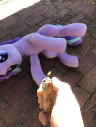 Size: 3024x4032 | Tagged: safe, artist:nekokevin, starlight glimmer, pony, unicorn, series:nekokevin's glimmy, g4, abuse, female, glimmerbuse, hand, irl, lighter, mare, moral event horizon, photo, pineapple pizza, plushie, solo, starlight glimmer plushie, that pony sure does love pineapple pizza, this will end in fire, toy, toy abuse