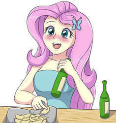 Size: 1711x1810 | Tagged: safe, artist:sumin6301, fluttershy, equestria girls, g4, alcohol, beer, blushing, chips, drunk, drunkershy, eating, female, food, potato chips, solo