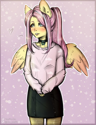 Size: 2000x2600 | Tagged: safe, artist:zefirka, fluttershy, pegasus, anthro, g4, ambiguous facial structure, clothes, digital art, female, high res, mare, ponytail, smiling, solo