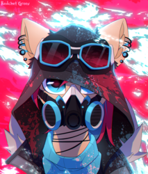 Size: 1000x1172 | Tagged: safe, artist:redchetgreen, part of a set, oc, oc only, oc:oculus rift, pegasus, pony, abstract background, blot, bust, clothes, ear piercing, earring, goggles, hoodie, jewelry, mask, necklace, paint, paint splatter, piercing, solo