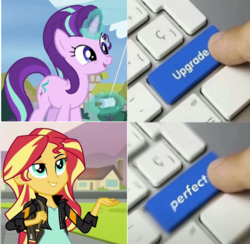 Size: 862x840 | Tagged: safe, starlight glimmer, sunset shimmer, human, pony, unicorn, equestria girls, friendship games, g4, the maud couple, bait, cute, glimmerbetes, keyboard, kite, kite flying, levitation, magic, meme, op is a duck, op is trying to start shit, smiling, telekinesis, text, that pony sure does love kites, upgrade, upgrade meme