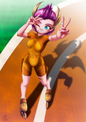 Size: 1821x2574 | Tagged: safe, artist:mauroz, smolder, human, g4, anime style, bandaid, bandaid on nose, cameltoe, clothes, female, humanized, one eye closed, rollerblades, shorts, silhouette, smiling, solo, track, tracksuit, wink