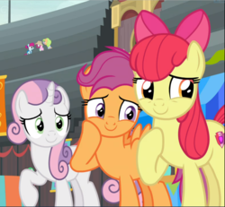 Size: 1019x940 | Tagged: safe, screencap, apple bloom, floral pattern, fruit pack, happy khaki, ruby splash, scootaloo, sweetie belle, trail blazer, earth pony, pegasus, pony, unicorn, g4, growing up is hard to do, bow, cropped, cute, cutie mark crusaders, female, hair bow, hoof on cheek, mare, older, older apple bloom, older cmc, older scootaloo, older sweetie belle, raised hoof, small wings, smiling, trio, wings